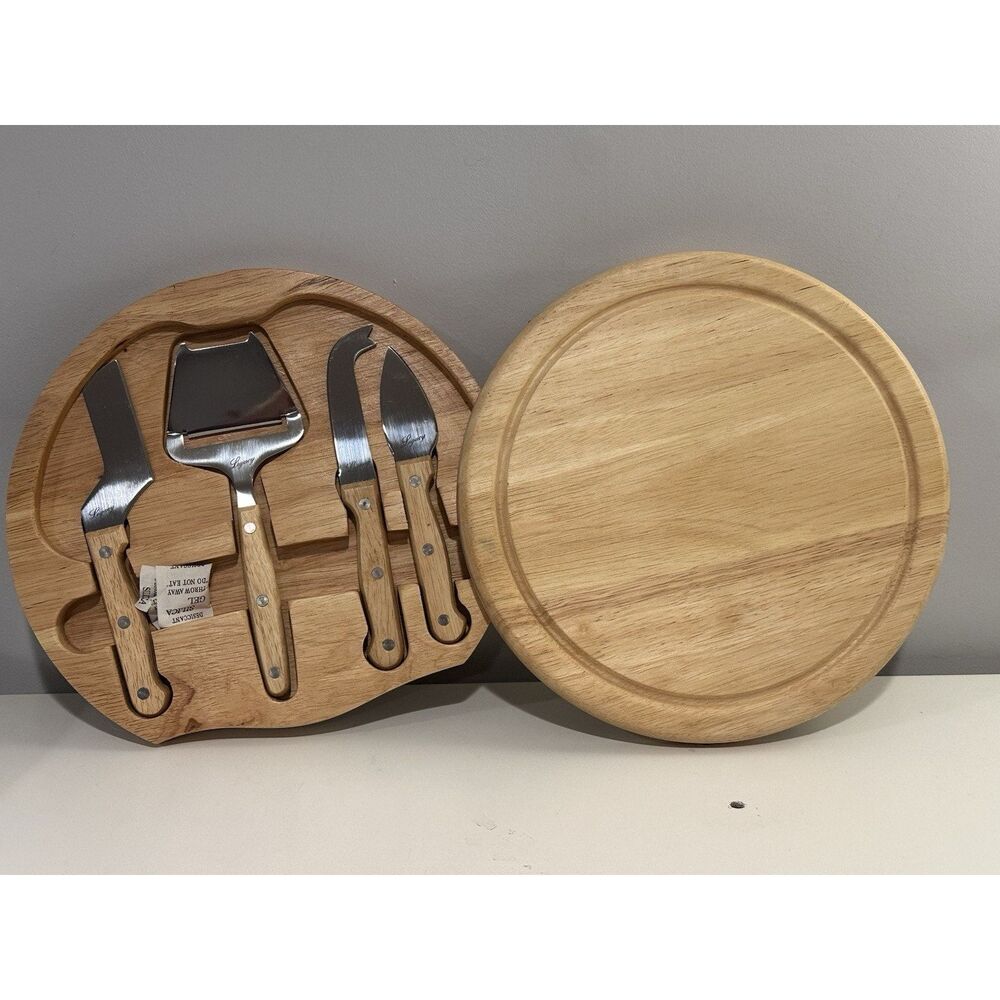 Legacy By Picnic Time Cheese Board & Knife Set 5 Piece Round Wood Tray 10.25"